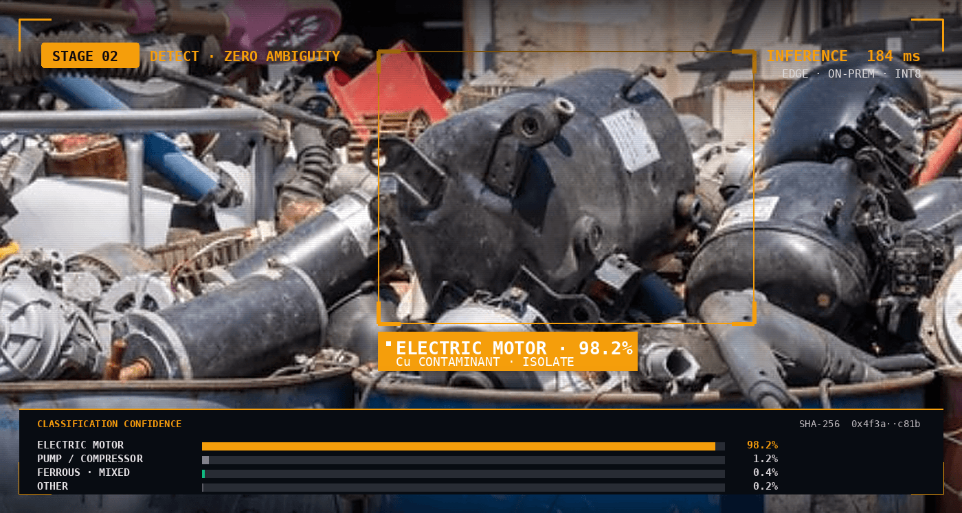 Edge-AI vision detection — bounding box flagged on a copper-bearing scrap component